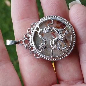 New Silver Wrapped Jasper Round Dragon Pendant.
